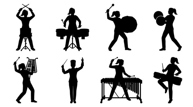 Set of marching band silhouettes with musicians playing drums, brass, and percussion instruments, musical performance, school parade, rhythmic energy