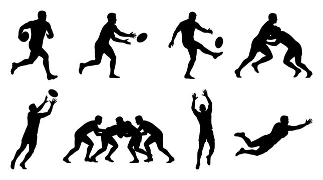 Set of black rugby player silhouettes in various athletic positions, running, passing, tackling, kicking, jumping, ideal for sports branding and