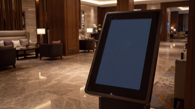 Blank hotel check-in kiosk screen in an elegant lobby with soft lighting and luxurious furnishings