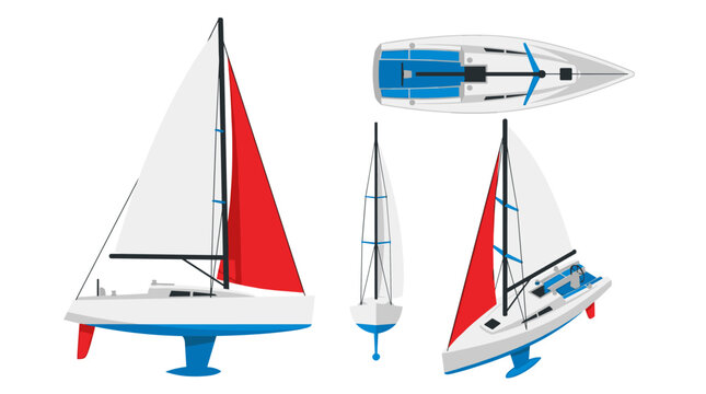 isolated sailboat in different viewpoints including top side and isometric perspective for maritime engineering technical blueprints and nautical