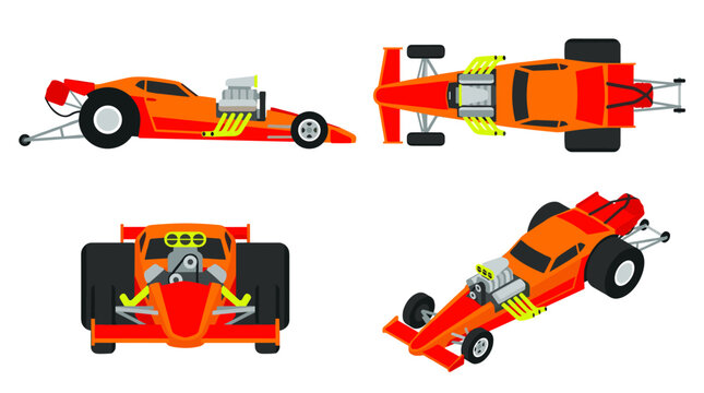 Set of top fuel dragster vehicle different viewpoints, isolated flat vector illustration showing mechanical race car engineering, side top front
