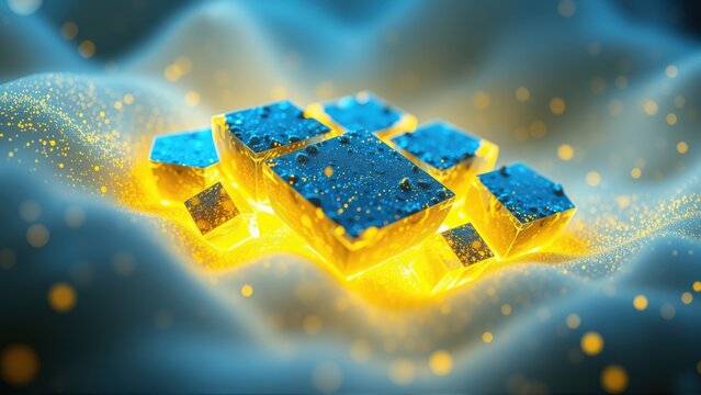 Abstract glowing cubes, blue gold hues. Dramatic lighting creates dynamic energy, captivating visual effect. Mysterious, futuristic presentation.