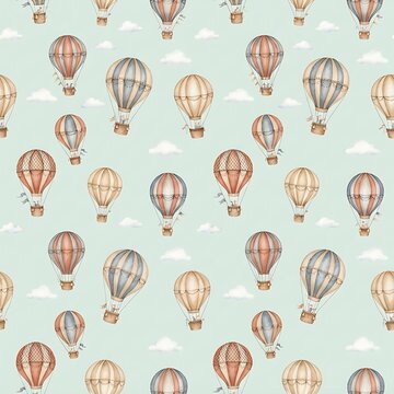 Seamless pattern with cute watercolor hot air balloons and clouds on a soft light blue background