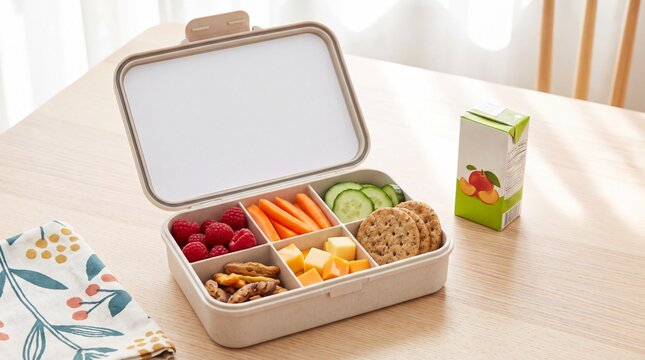 Colorful lunch box filled with fresh snacks including raspberries, carrots, cucumber, cheese, and crackers on a wooden table with a juice box