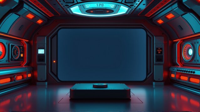 Futuristic interior. Dark room features glowing blue, red lights. Central pedestal dominates space. Sleek design suggests spaceship or laboratory.