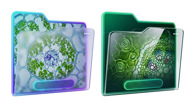 Glassmorphism File Folders with Bio Science Plant Cell and Leaf Stomata Microscope Imagery 