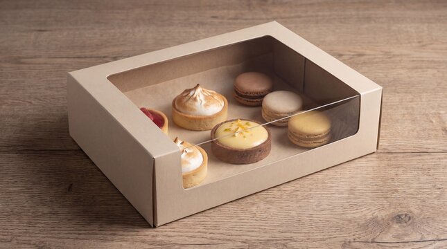 A clear dessert box displaying an assortment of colorful pastries on a wooden table, showcasing delicious texture and elegance