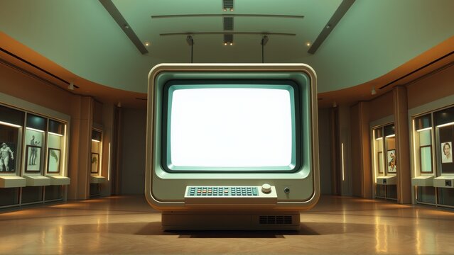Empty retro television dominates spacious gallery. Walls display framed photographs. Lighting creates dramatic, symmetrical effect. Quiet, minimalist scene.