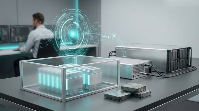 Futuristic solid state battery technology, advanced energy storage system with digital interface, laboratory research facility