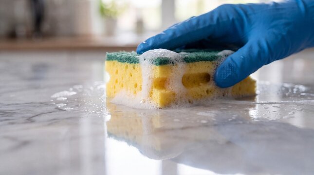 A close-up of a gloved hand cleaning a marble countertop with a soapy sponge, showcasing bubbles and the gleaming surface