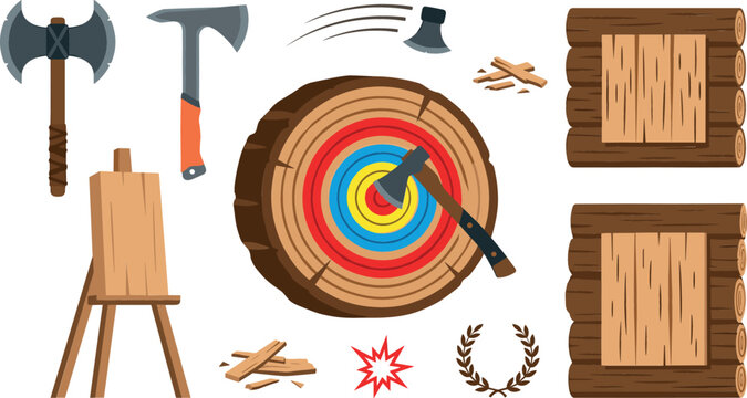 Axe throwing vector icon set with wooden log targets hatchets double bladed battle axe easel stand and rustic timber boards