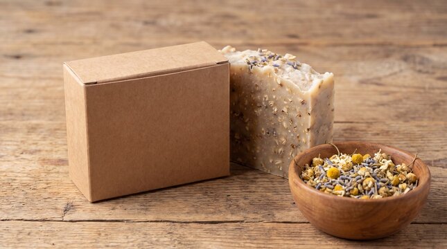 Handmade soap placed beside a decorative box and a wooden bowl filled with dried flowers on a rustic wooden surface