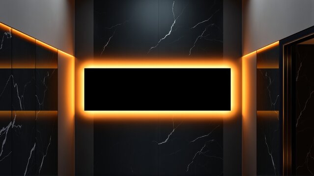 Dark interior features marble walls, illuminated by warm orange lighting. Rectangular black panel dominates central space. Minimalist design.
