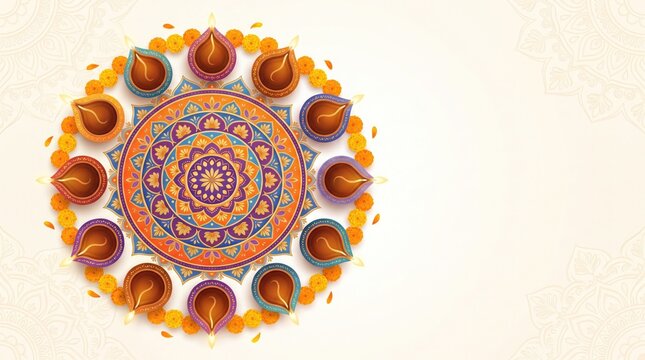 Colorful circular mandala rangoli design decorated with lit clay diya oil lamps and marigold flowers background banner
