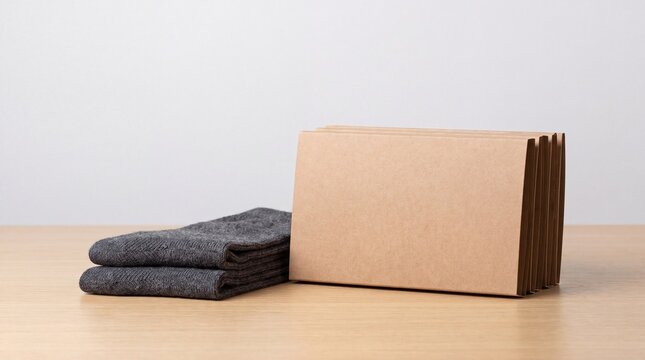 Minimalist presentation of gray socks beside a rectangular cardboard packaging on a wooden surface