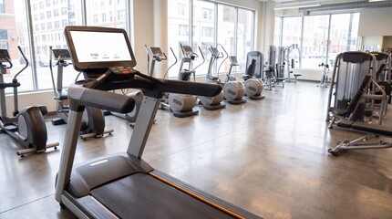 Fototapeta premium Modern gym interior featuring a treadmill with a blank display, designed for fitness enthusiasts