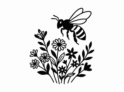 Minimalist honey bee flying over wildflowers, black and white insect line art, botanical garden floral vector illustration