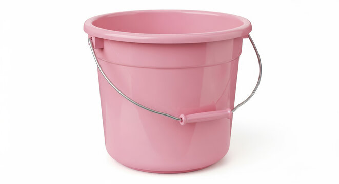 Pink plastic bucket with handle on light background