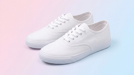 Fototapeta premium Stylish pair of textured white sneakers isolated against a soft pastel gradient background