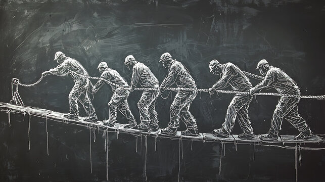 Chalkboard drawing of workers pulling a heavy rope together on a suspension bridge representing teamwork and unity