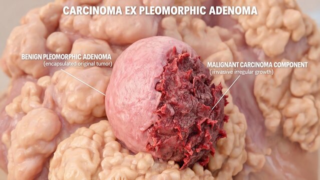 3D Medical Illustration of Carcinoma Ex Pleomorphic Adenoma, Benign and Malignant Tumor Comparison