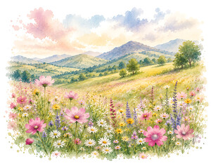 Fototapeta premium Watercolor wildflower field with mountain view under pastel sky.