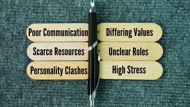 Six common causes of conflict include poor communication, differing values, scarce resources, unclear roles, personality clashes, and high stress word. 