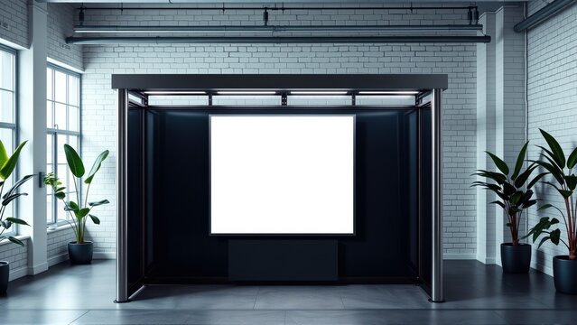 Modern interior features blank screen, plants, brick walls. Minimalist design, dark backdrop, bright window light. Spacious room.