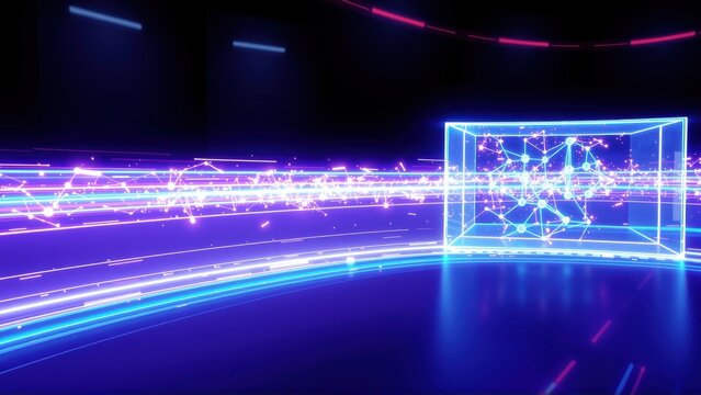 Futuristic scene. Glowing lines form network within cube. Dark background emphasizes bright neon colors, creating digital aesthetic.
