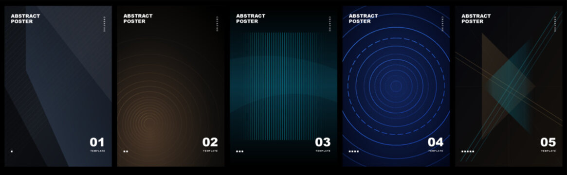 Set of five abstract posters with geometric lines and circular patterns on dark background . Vector illustration, set vector, set poster, set abstract poster design, set, abstract poster.