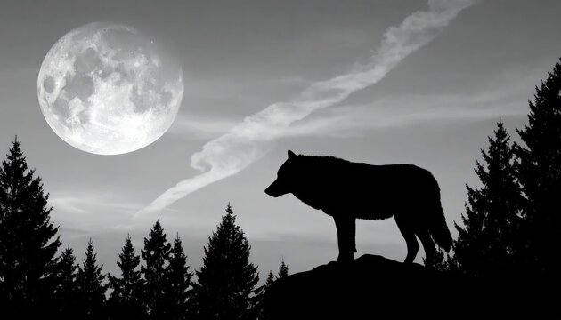 Silhouette of a Wolf Howling at the Full Moon in a Forest.