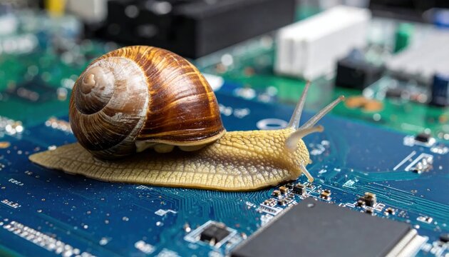 Slow Snail Crawling on a Blue Computer Circuit Board.