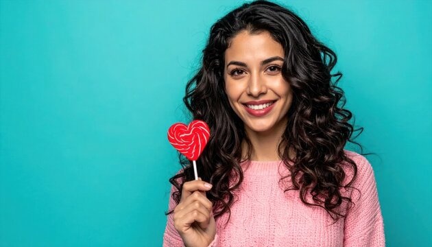 Smiling Woman Holding a Red Heart Shaped Lollipop.