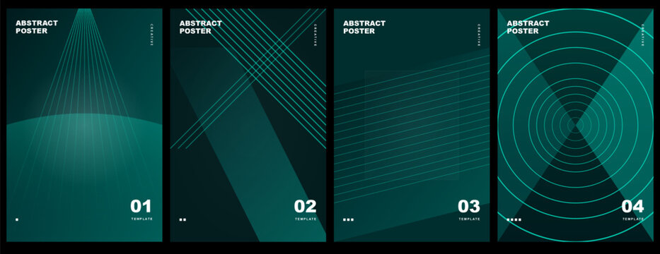 Set of abstract posters with green geometric line art and radar circles on dark background . Vector illustration, set vector, set poster, set abstract poster design, set, abstract poster.