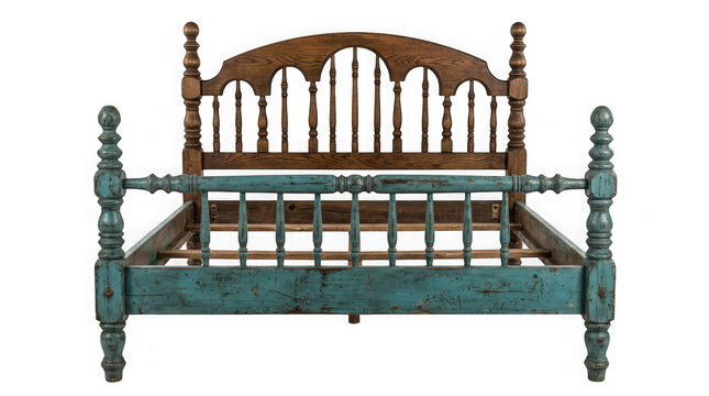 Vintage wooden bed frame with rustic blue painted finish and brown headboard isolated on transparent background