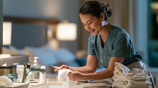 Hotel Housekeeper Learning a Water-Saving Room Reset