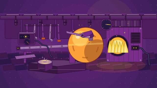 Abstract animated glass bubble inflating on the pipe drawn as violet and blue lines and shapes on a deep dark background. Seamless looping 4K motion graphics video with free space for text, ideal for 