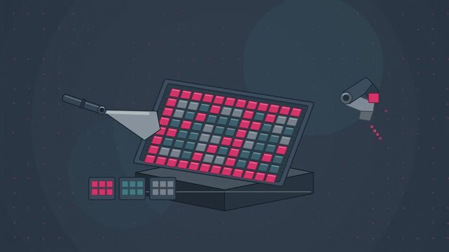 Abstract animated tesserae set one by one into a mosaic drawn as violet and blue lines and shapes on a deep dark background. Seamless looping 4K motion graphics video with free space for text, ideal f