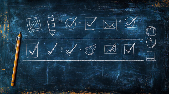 Chalkboard illustrations of various icons and checkmarks drawn with white chalk beside a yellow pencil