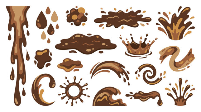 Set of isolated brown mud splashes, spills, drops, and liquid elements for game design, environmental dirt effects, texture assets, messy terrain