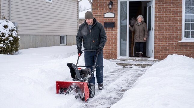 Man Using Snowblower to Clear Snow from Residential Walkway