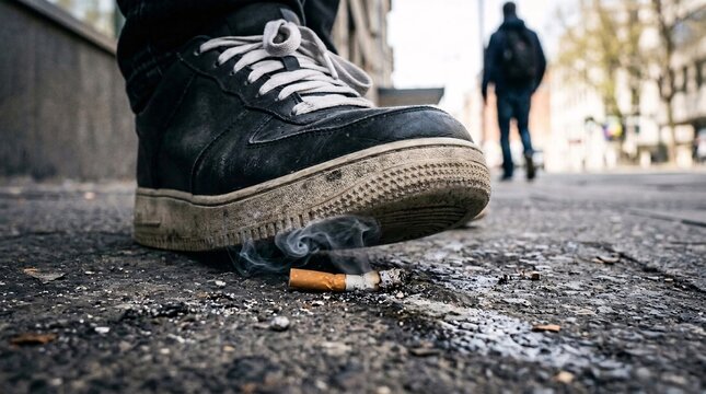 Low angle close-up of a black sneaker crushing a smoking cigarette butt on the asphalt, symbolizing quitting smoking or environmental littering.