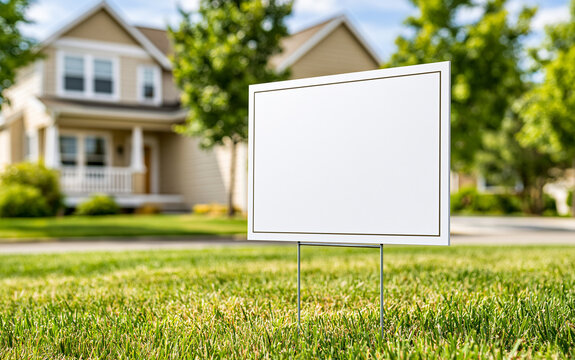 Blank white sign on a green lawn in front of a suburban house. The sign is placed in the foreground, with the house and trees blurred in the background