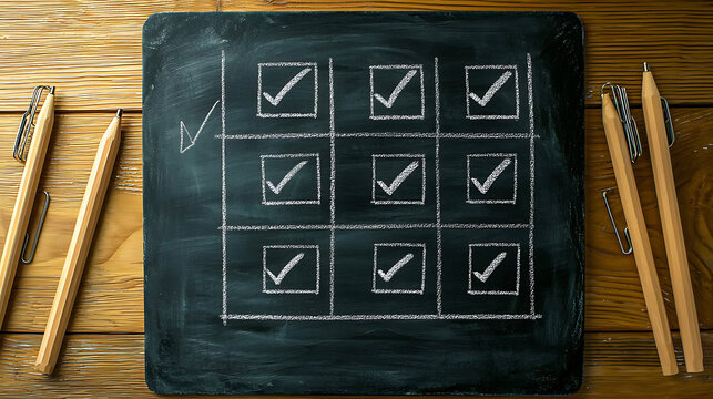 A blackboard with a drawn grid and checkmarks, surrounded by wooden pencils on a table