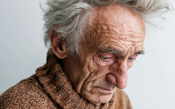 Portrait of a sad elderly man with gray hair looking down