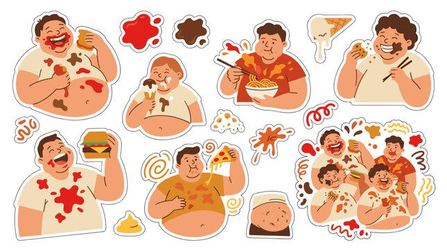 set of overweight characters eating junk food messily, gluttony and unhealthy eating habits, fast food consumption, dining chaos, diet struggle