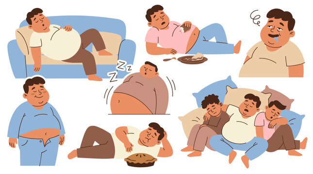 Set of overweight men illustrating lazy lifestyle, sedentary habits, eating junk food, sleeping on couch, lack of exercise, obesity and health