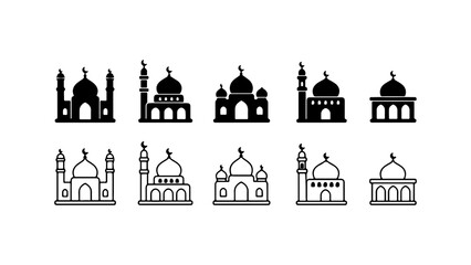 Fototapeta premium Mosque Icon Set in Silhouette and Line Art Style