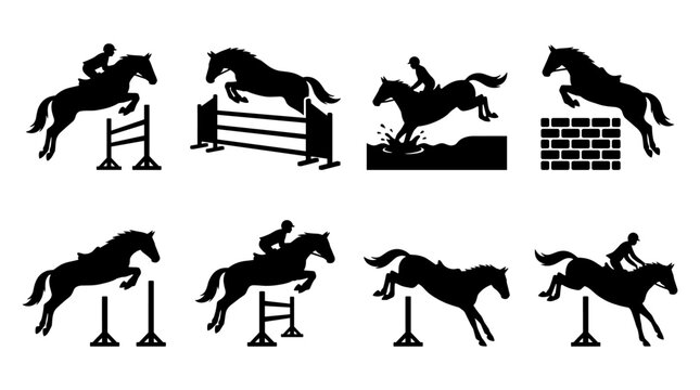 Set of black horse jumping silhouette icons with riders, equestrian show jumping obstacles, sport competition elements, vector illustration