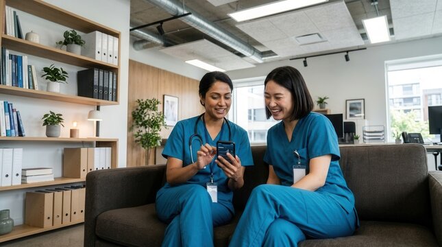 Two Healthcare Professionals Sharing A Lighthearted Moment On A Couch